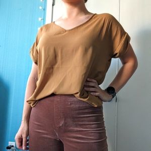 Mustard V-neck Cuffed Blouse